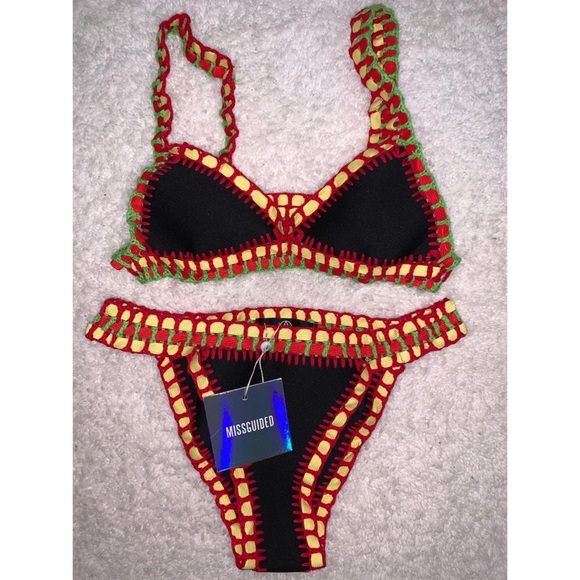 Y2K 2000 Crochet Triangle Bikini Set Rastafarian bae honeymoon anniversary sexy - Picture 1 of 6